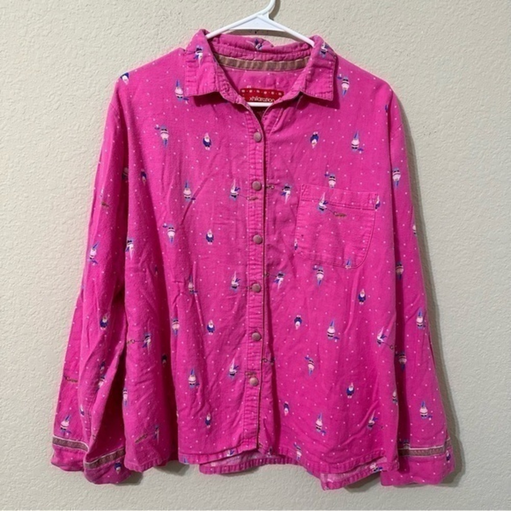 Xhilaration Pajama Top Pink Gnomes Print Button Down Long Sleeve Shirt PJ